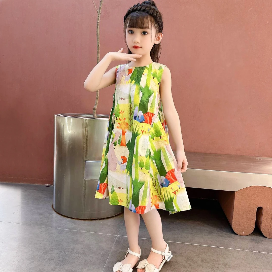 女童连衣裙无袖夏装新款洋气纯棉无袖森系背心印花儿童裙子夏薄款