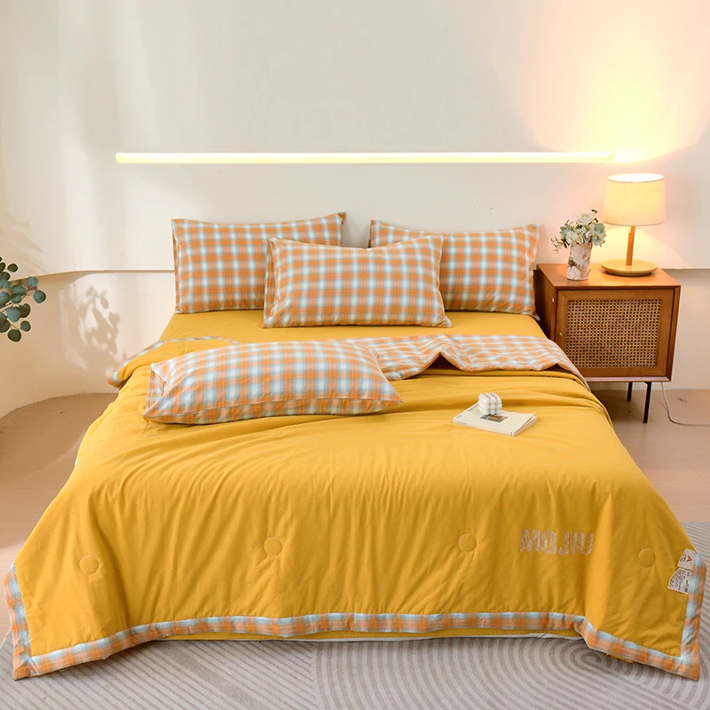 A类母婴级全棉色织水洗棉大豆夏被四件套100纯棉格子空调被夏凉被