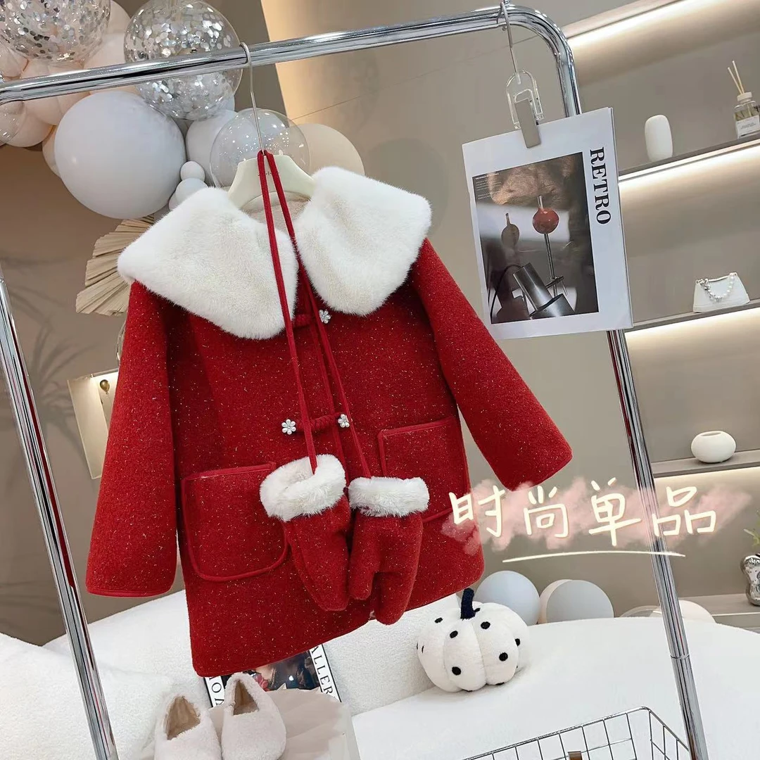 【小泡芙】2023冬季女童上新圣诞定制翻领洋气圣诞定制冬季外套