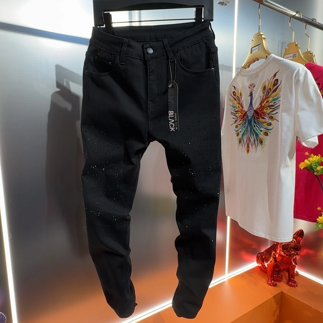 秋季新款时尚男士满天星烫钻牛仔裤潮流痞帅轻奢弹力小脚裤