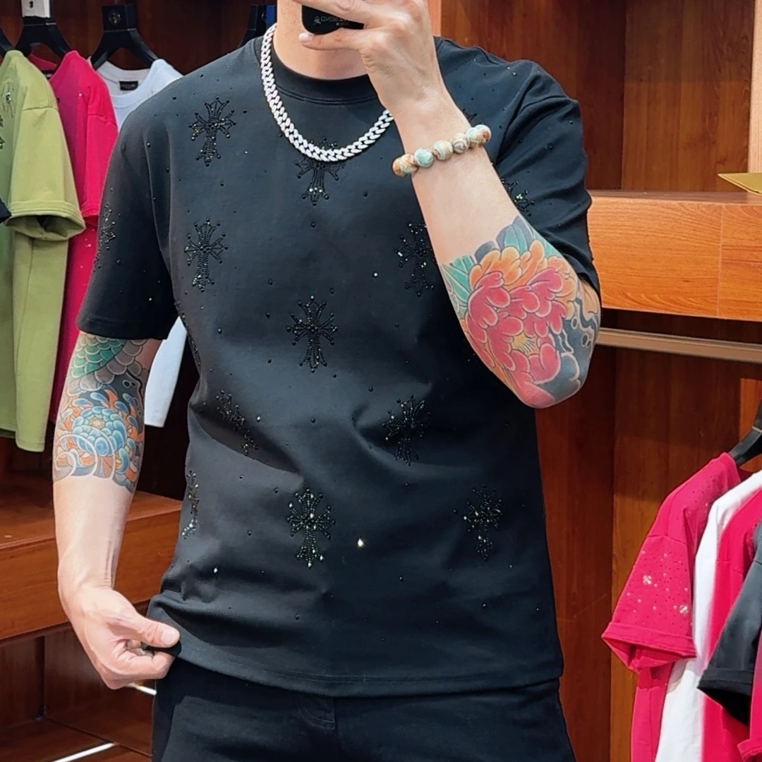 秋季新款百搭烫钻半袖男士网红时尚休闲夏季潮流印花圆领修身