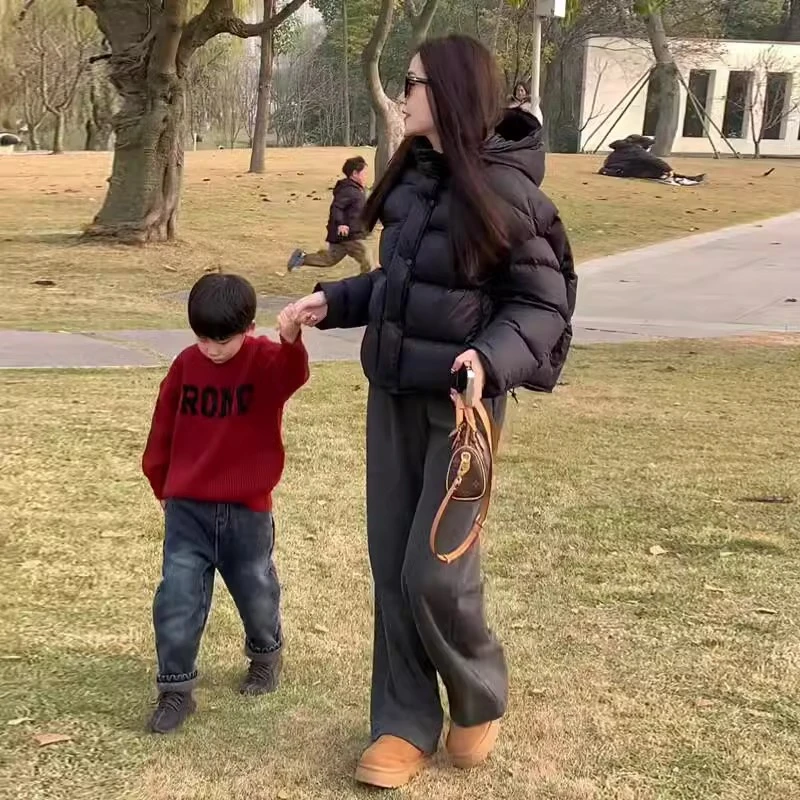 泡芙龟背黑色短款羽绒服女2025年冬季新款90白鸭绒连帽面包服外套