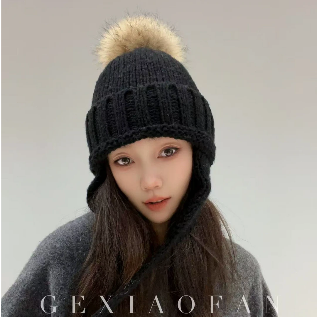 格小梵冬季护耳帽百搭韩版女士加厚休闲针织帽时尚毛球雷锋保暖帽