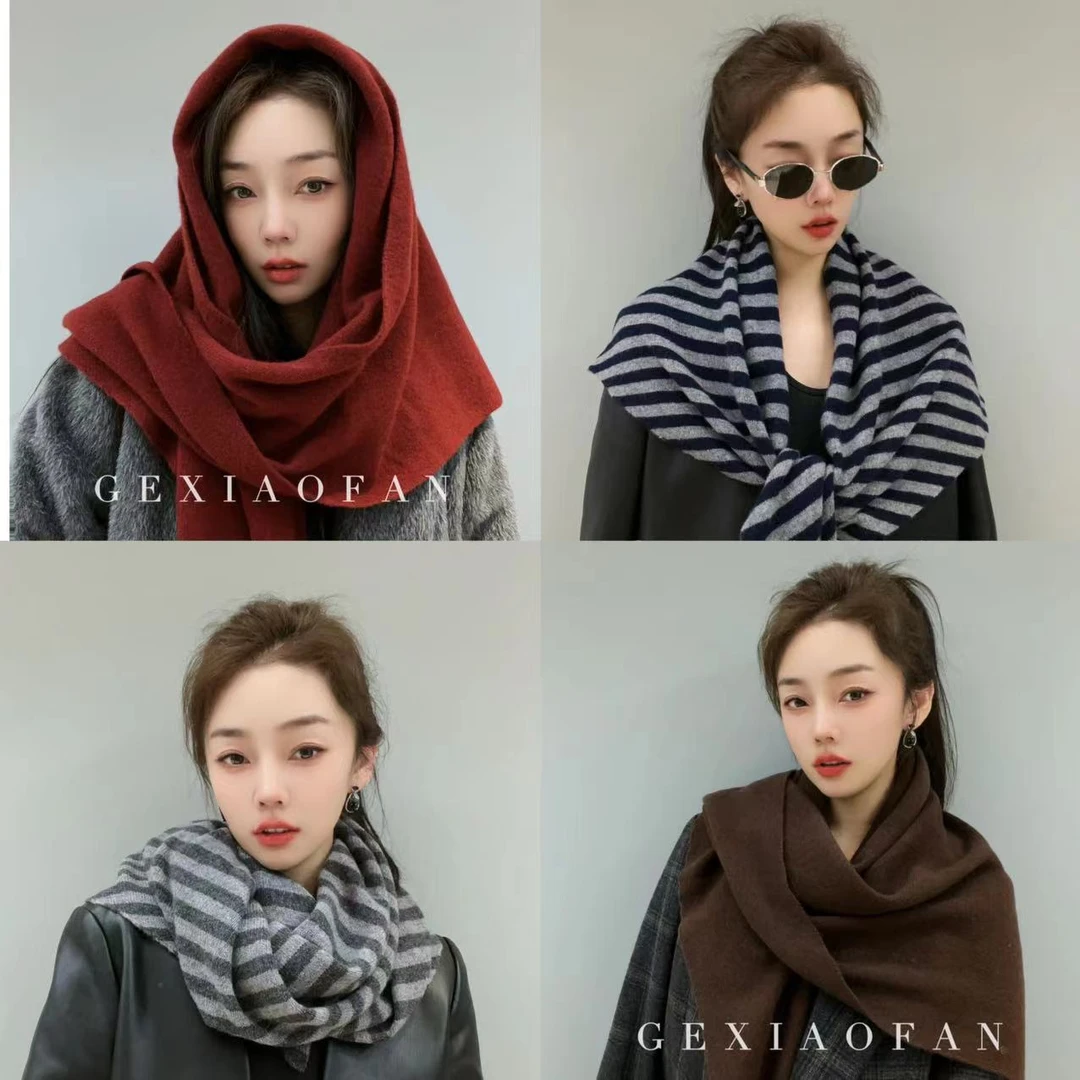 格小梵100%绵羊毛三角披肩时尚女百搭纯色条纹多功能围巾女士保暖