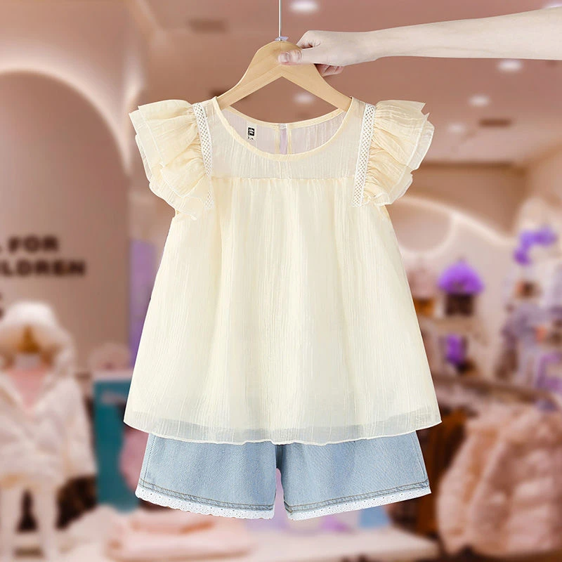 女童套装2025夏季新款儿童装小女孩娃娃衫薄款牛仔短裤洋气两件套