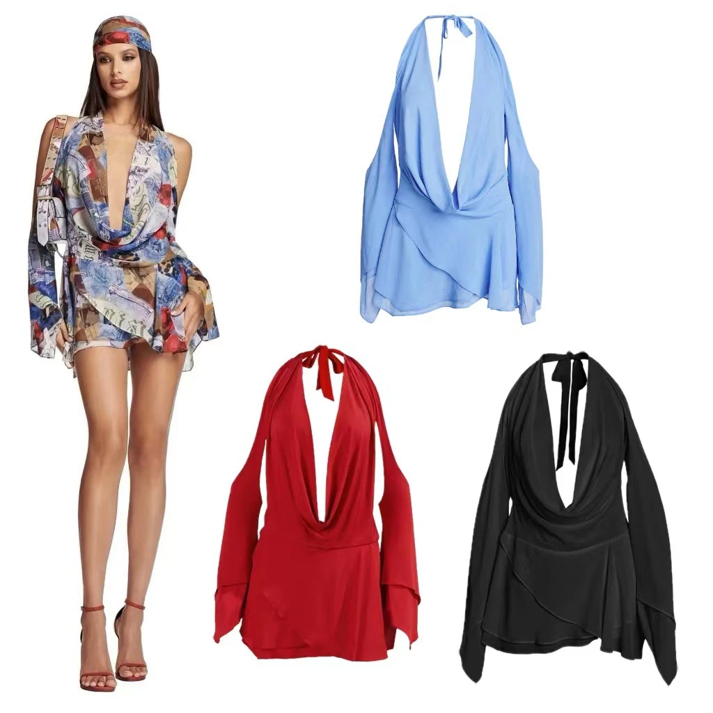 iamgia欧美性感辣妹街头深V低领露肩长袖垂感挂脖绑带连衣裙女夏