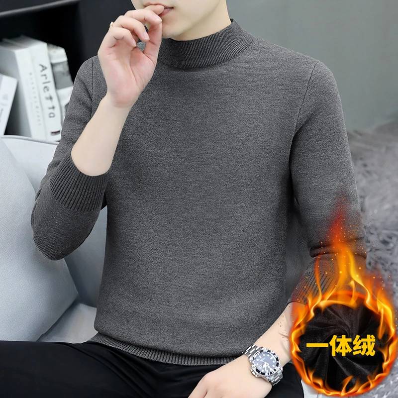 高领/半高领毛衣男秋冬韩版修身线加绒加厚保暖打底衫黑色针织衫
