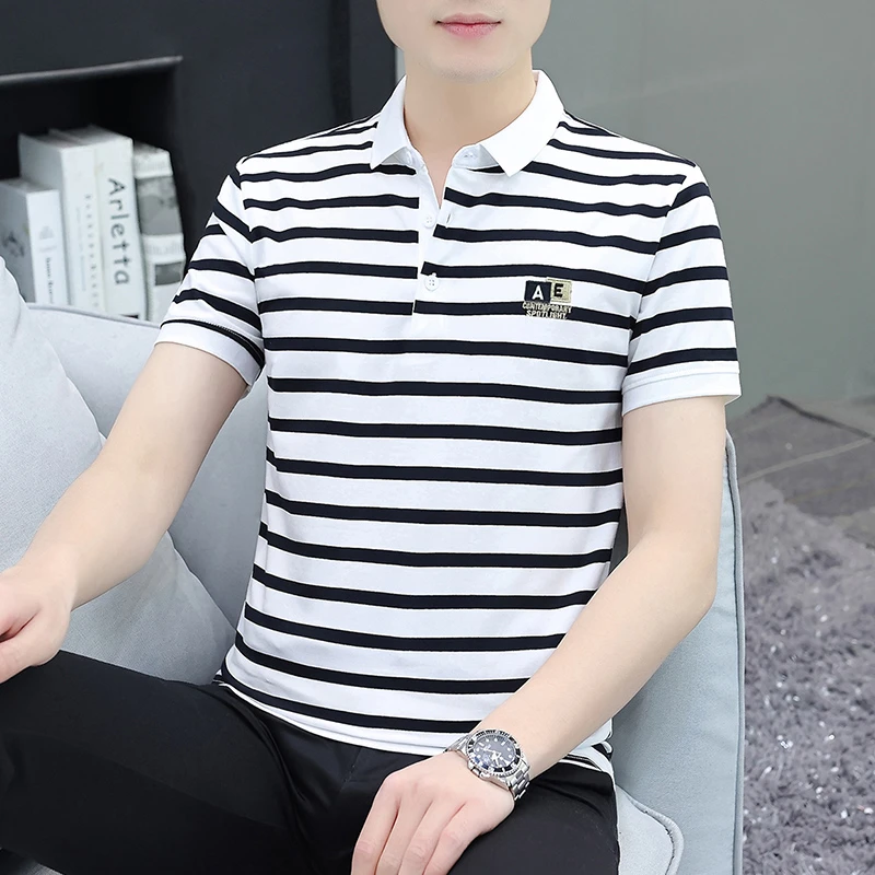 条纹男士短袖t恤纯棉男装翻领Polo衫体恤半袖夏季修身潮牌上衣