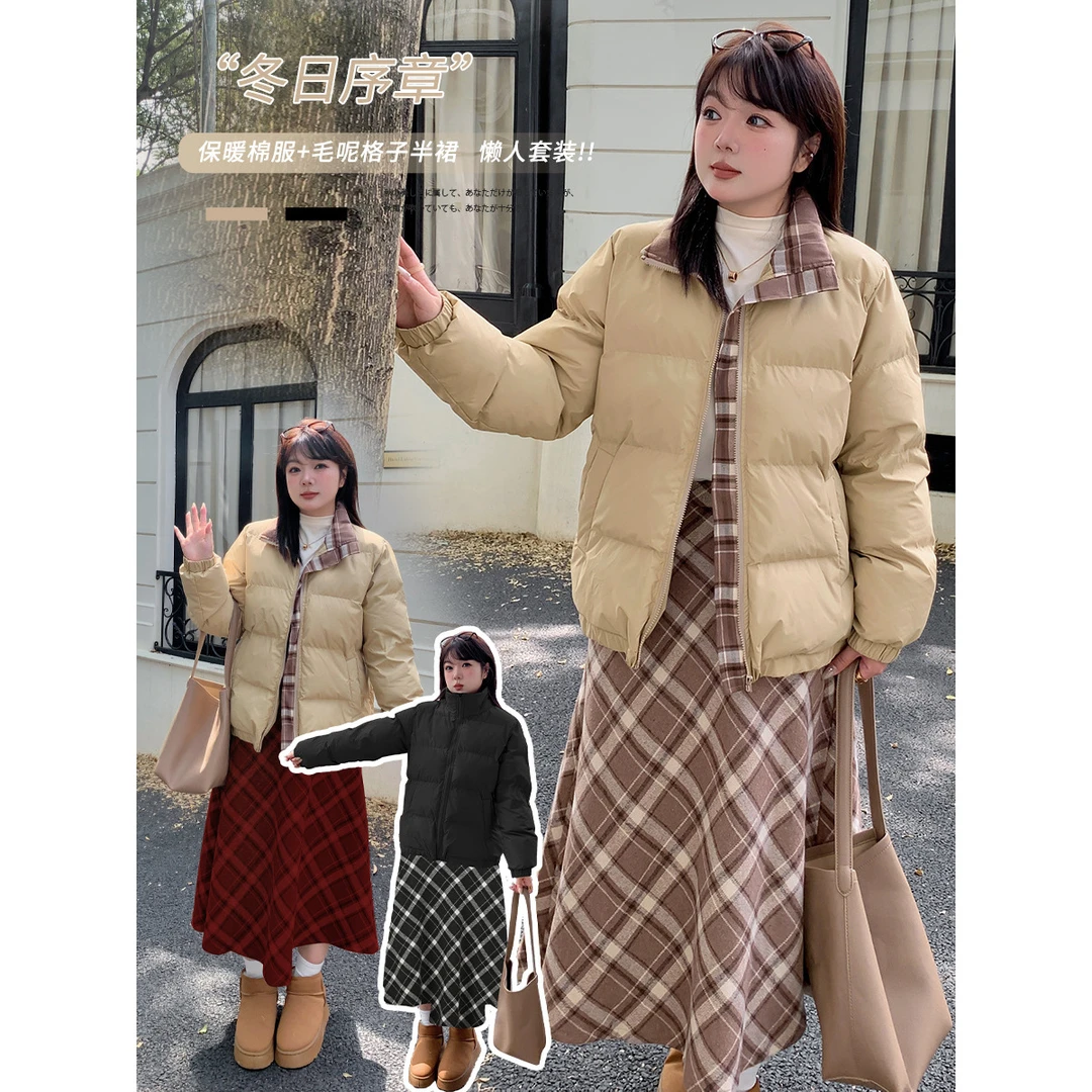 韩系复古格子棉服大码女装200斤胖mm潮小个子保暖棉衣面包服外套