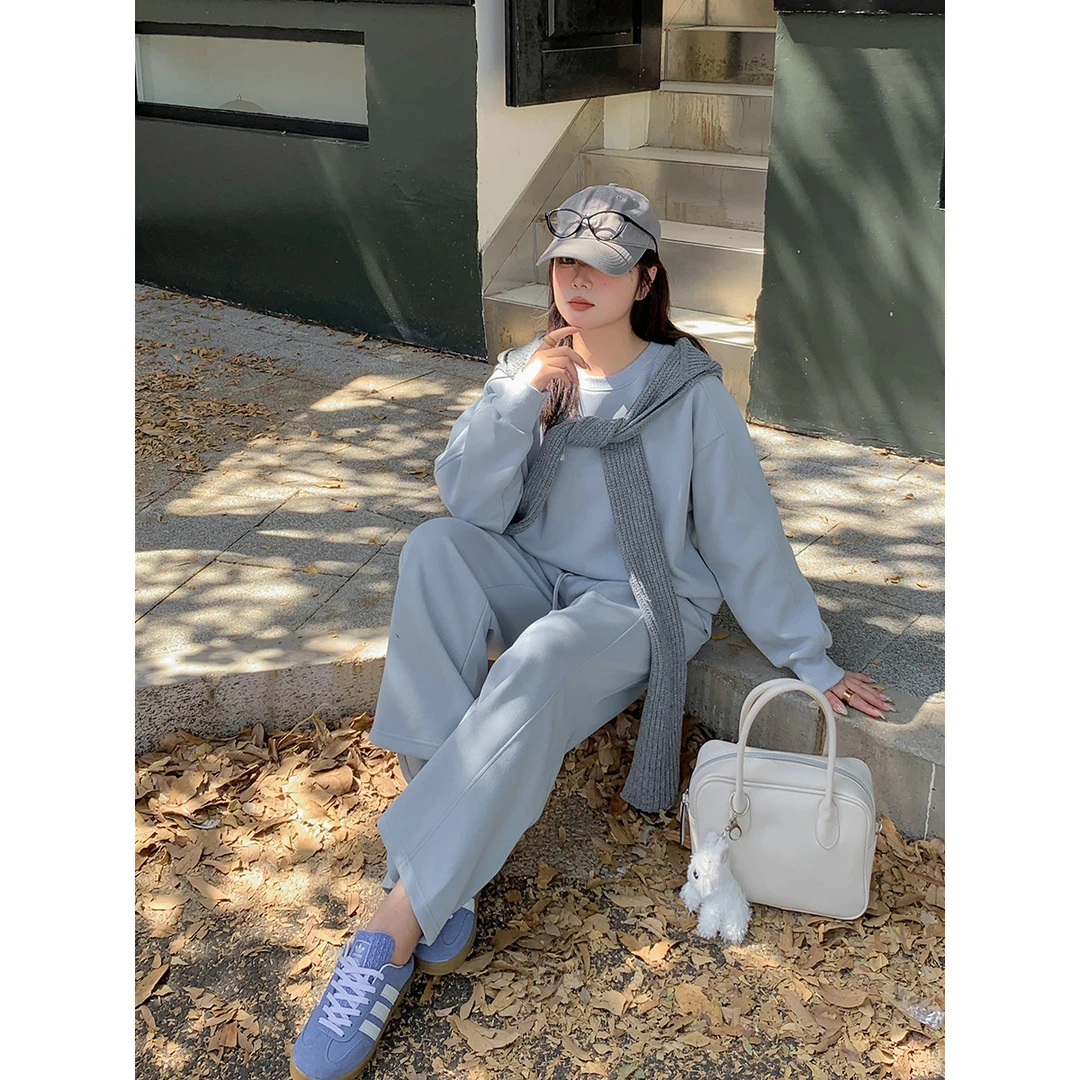 慵懒风休闲套装灰色长袖圆领卫衣女秋冬高腰拖地阔腿裤运动两件套