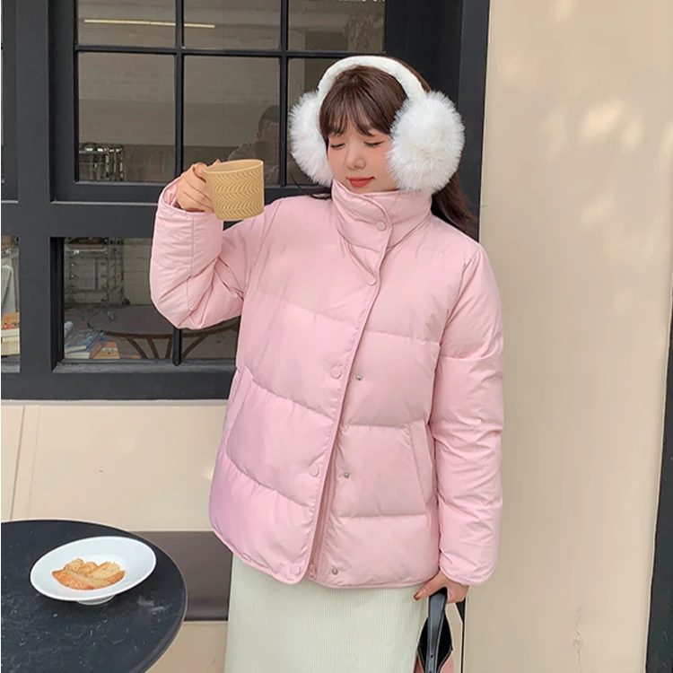 微胖韩版粉色简约短款棉服外套女2025冬季新款加厚保暖面包服棉衣