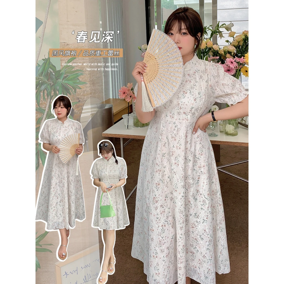 胖mm蕾丝碎花裙大码女装200斤中国风旗袍微胖改良版新中式连衣裙