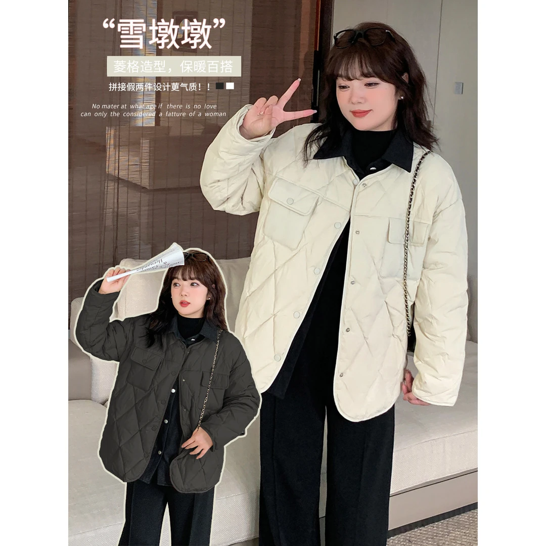 大码棉服女款冬季韩系温柔风菱格翻领棉衣外套女小个子加厚高级感
