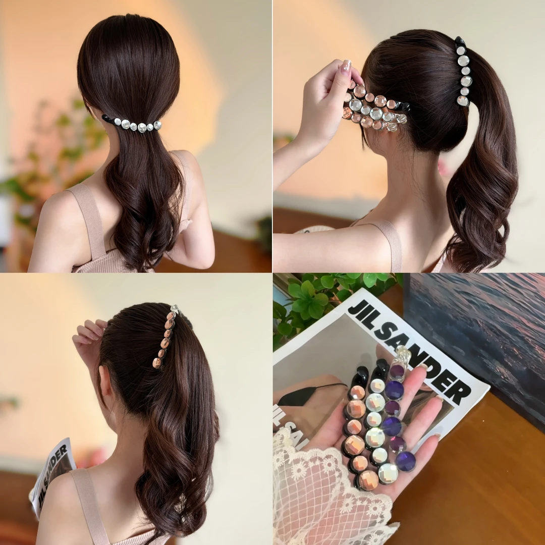 韩版新款网红发饰圆形简约香蕉夹水钻后脑勺马尾盘发头饰气质