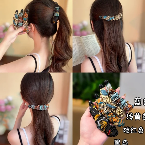 韩版网红香蕉夹竖夹马尾发夹竖式发卡褶皱布艺头饰一字夹