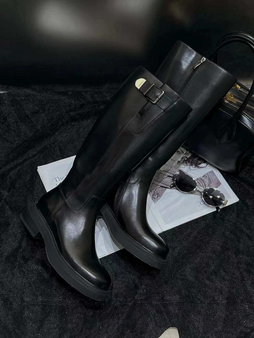 叮叮｜冬季新款进口小牛皮皮带扣高筒靴子5D18-1AO