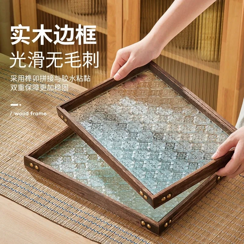 带铆钉款木质海棠花玻璃光滑收纳拼接方形竹制收纳摆件