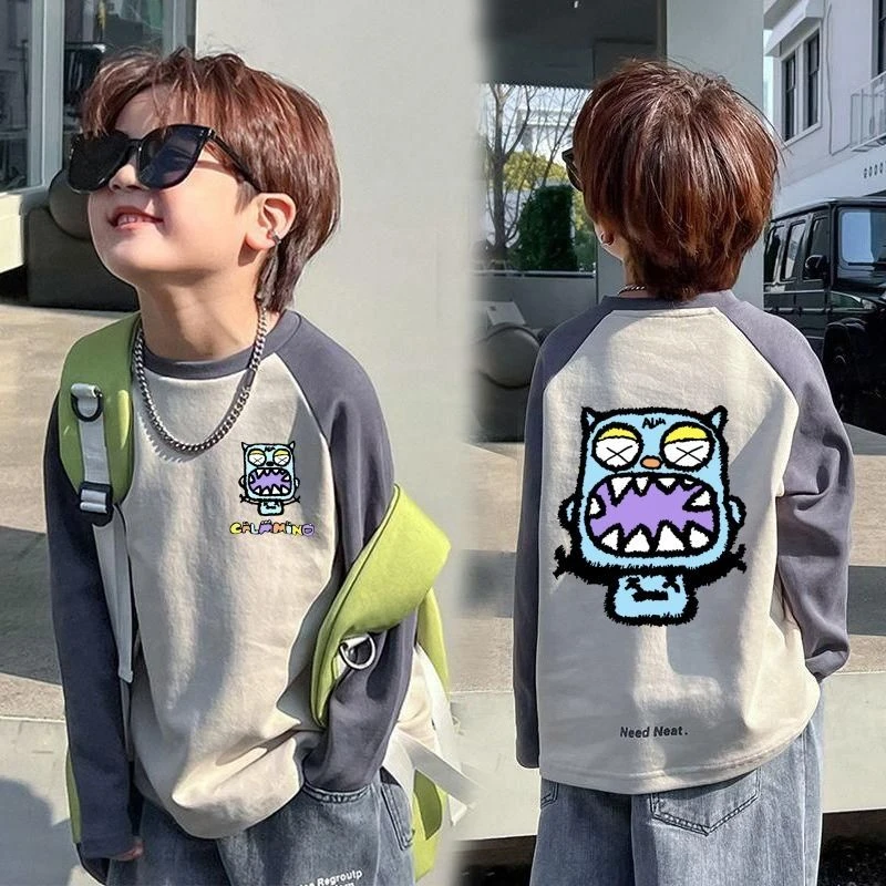 萌娃穿搭长袖t恤春秋装新款儿童打底衫中大童男孩洋气拼接上衣潮