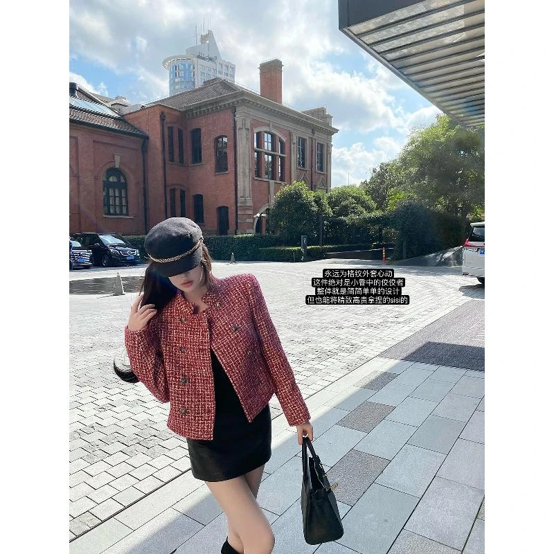 XINUD塞纳小香*格纹气质小香风百搭粗花呢短款外套本命年女红上衣