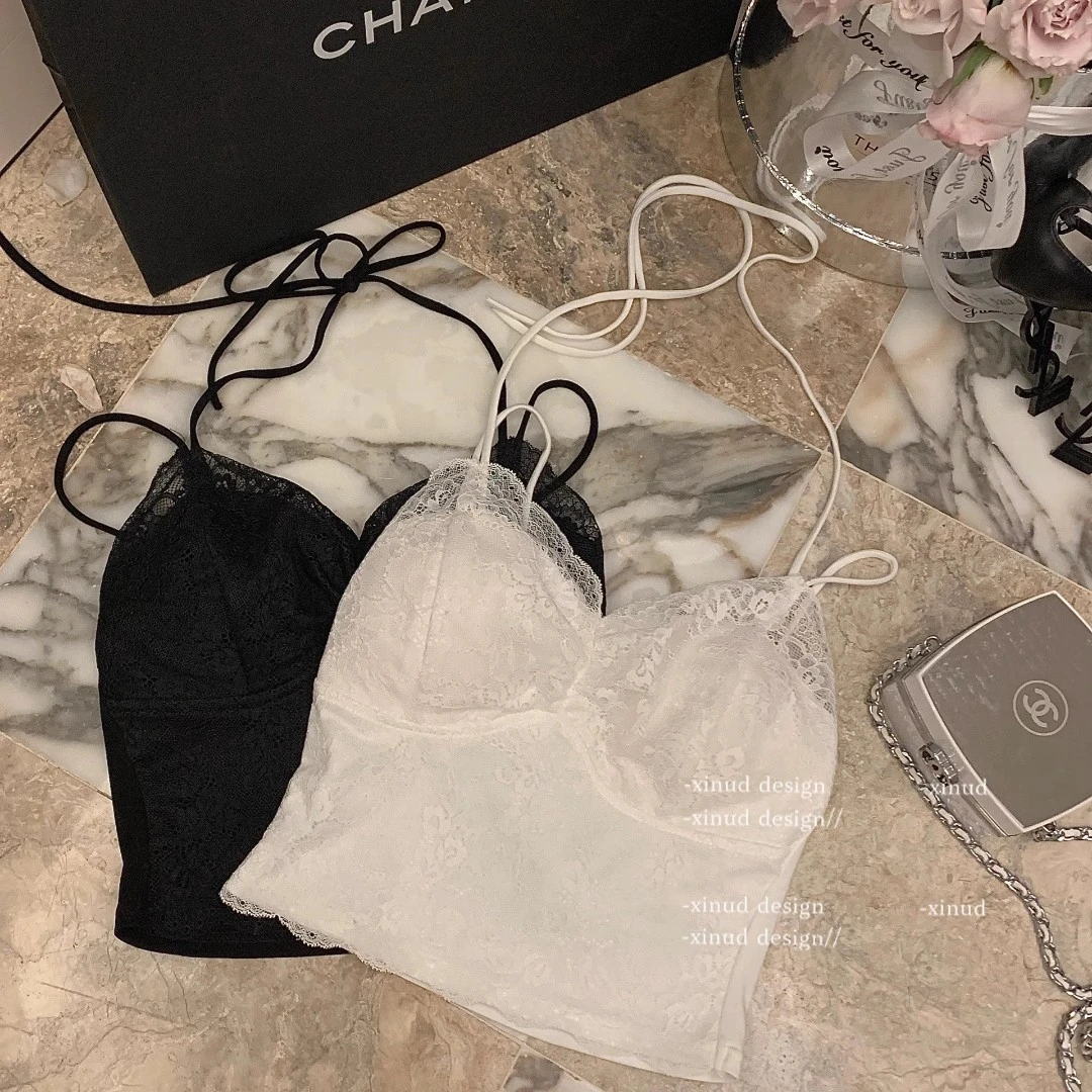 XINUD眼神聚焦的秘密*纯欲蕾丝边小吊带挂脖美背短款女夏打底上衣