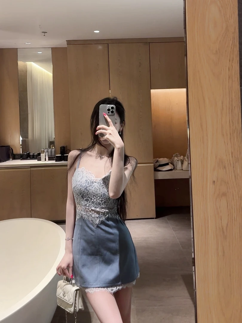 杜总家 蕾丝绮梦*原创牛仔蕾丝拼接辣妹性感气质夏季度假感到底裙