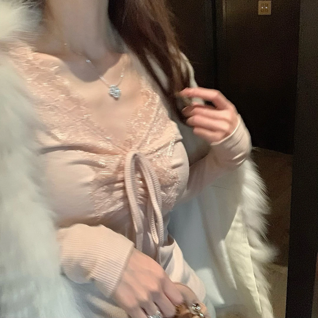 杜总家 娇姿温柔乡*原创温柔纯欲V领蕾丝花边绑带蝴蝶结百搭上衣