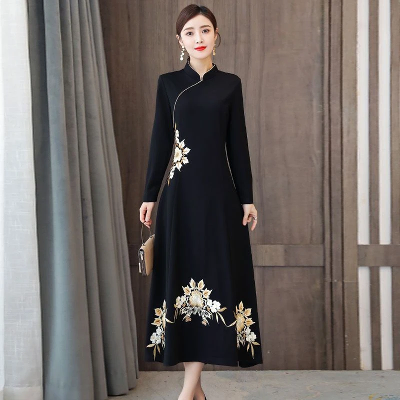 中国风连衣裙秋冬气质显瘦过膝新款遮肚子加绒加厚高档新中式旗袍