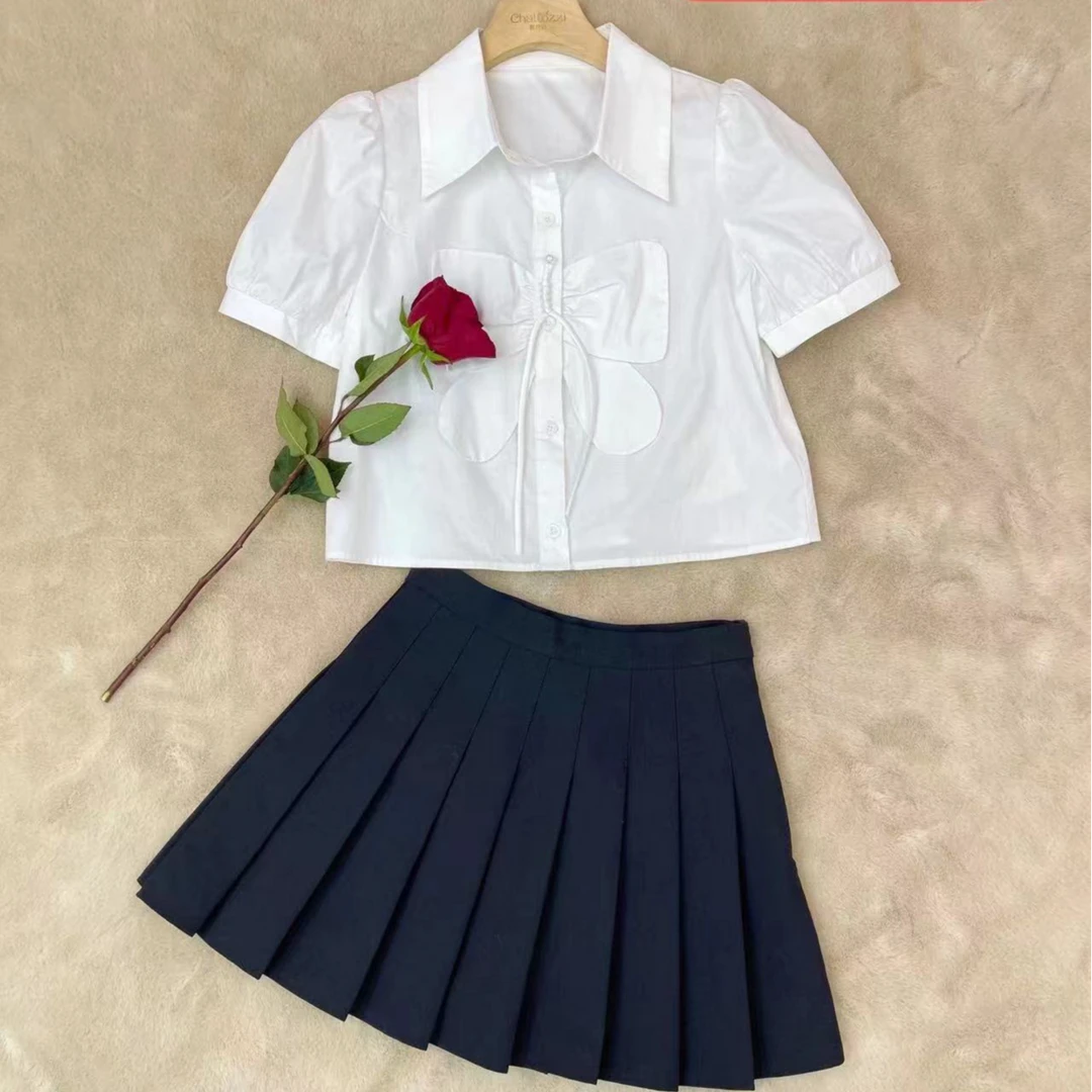 【仟媛】003#(衣长35裙长40)短袖衬衫蝴蝶结泡泡袖百褶裙两件套
