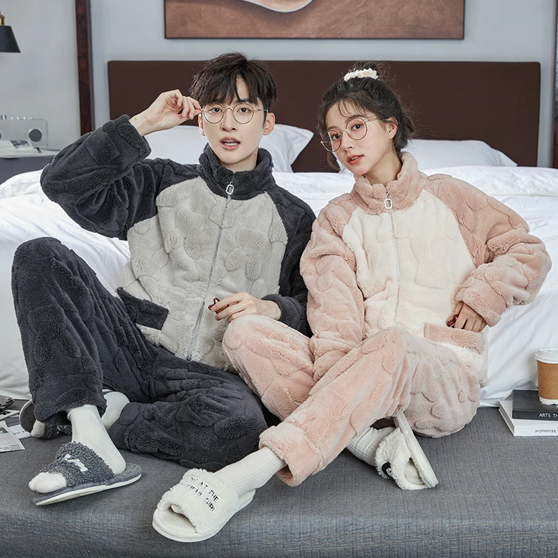 桃仙姬秋冬情侣竖领睡衣加绒加厚2023新款保暖睡衣家居服可外穿