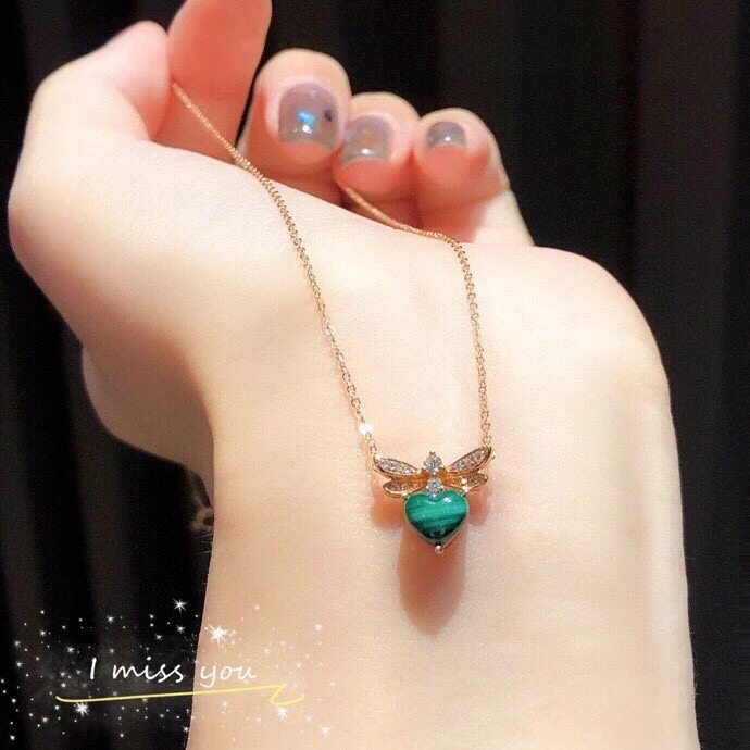 18K钻石孔雀石蜜蜂锁骨链（轻奢时尚款）绿色气质镶嵌简约项链镶钻