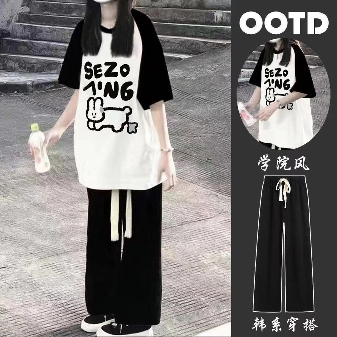 学院风显瘦休闲套装女初中学生夏季时尚宽松短袖韩版阔腿裤两件套