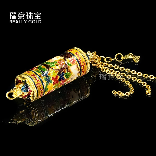 黄金足金999高温烧蓝月宫兔转金筒吉祥吊坠黄金首饰（预售