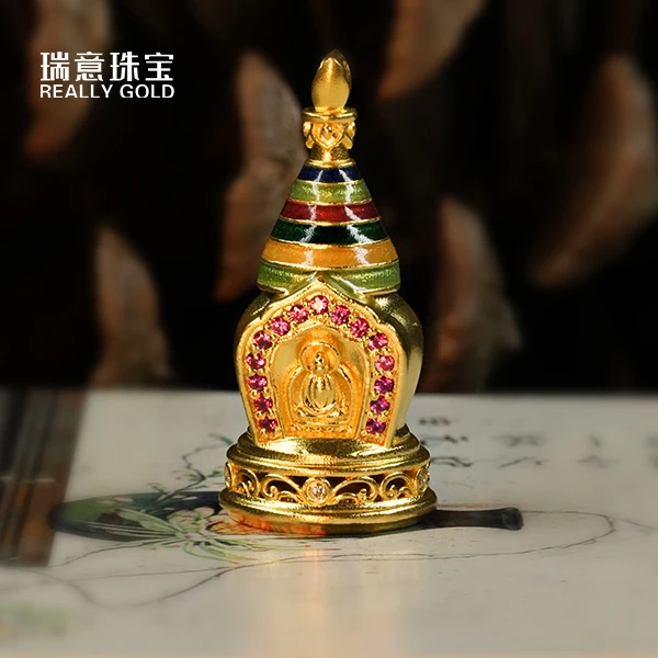 【吊坠】足金999高温烧蓝【黄金首饰】【小塔镶嵌款】