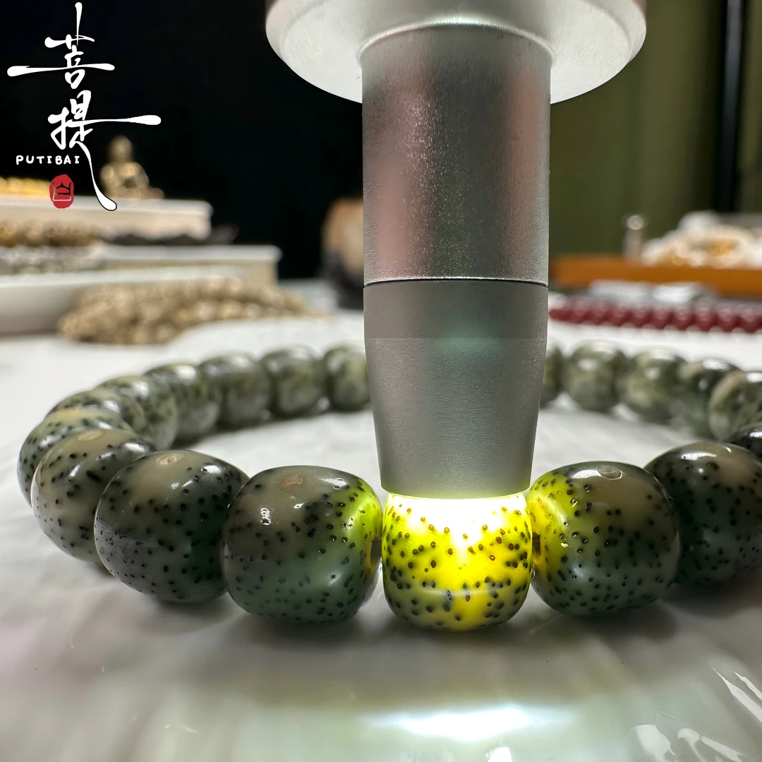 PUTIBAI菩提白原生态石玉料果冻帝王绿方口眼10*9手串