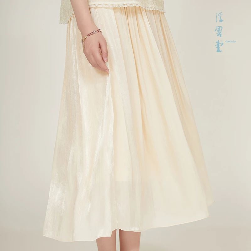 浮云堂风月韵微蓬造型气质简约松紧腰带中式百褶半裙4143