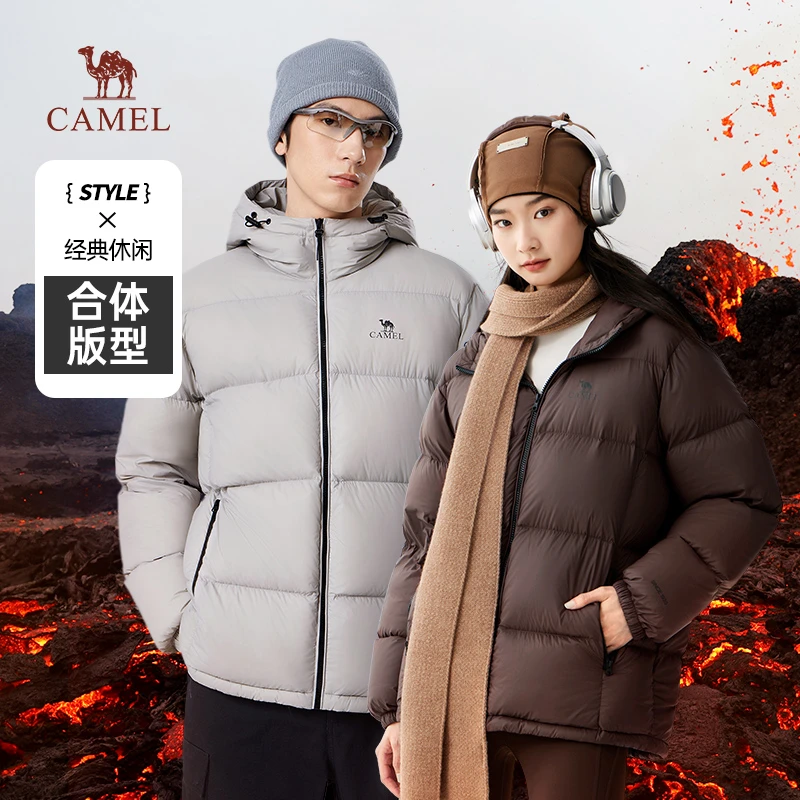 骆驼秋冬新款男女同款保暖户外蓬松流光风短款羽绒服外套情侣装