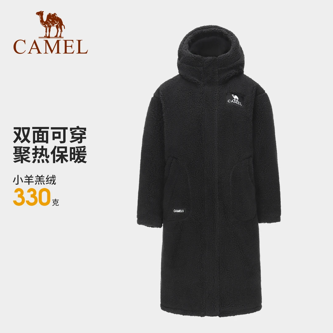 骆驼女装连帽抓绒外套中长款秋冬新款双面外套大衣A23CAZ0054