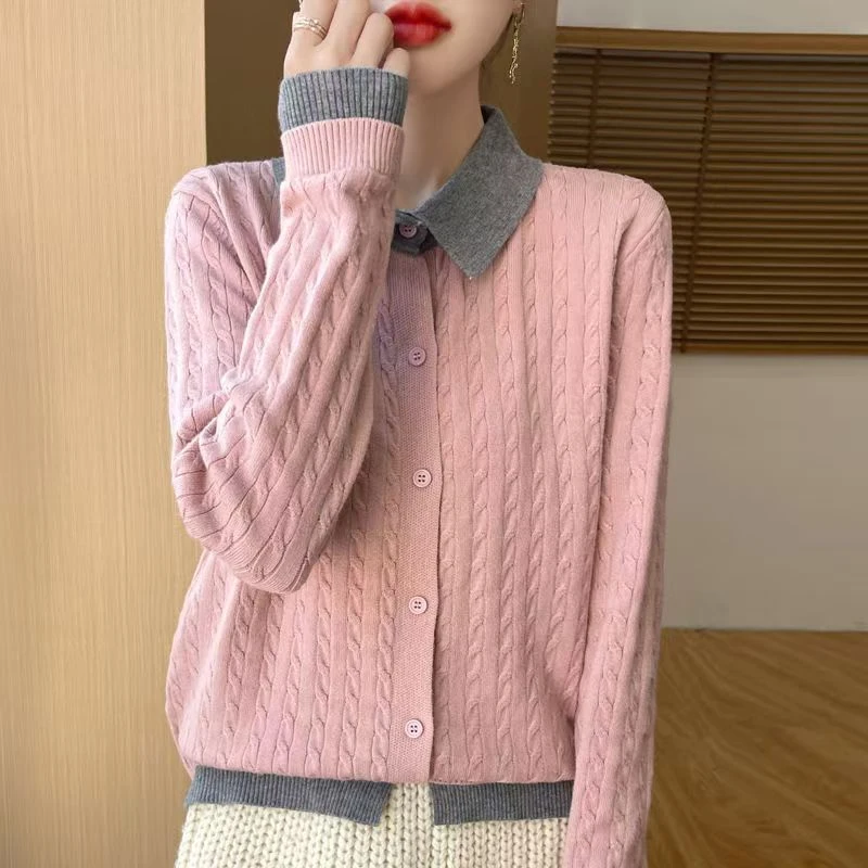 秋冬新款POLO领假两件开衫翻领外套上衣女针织衫宽松遮肉毛衣外搭