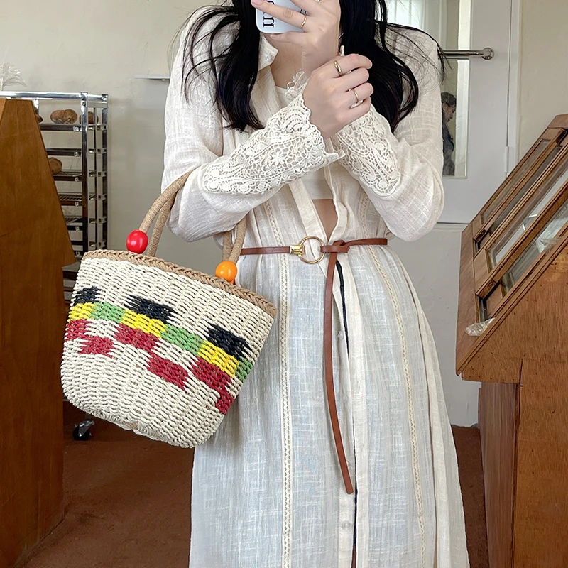 可爱木珠手提草编包小清新彩色格子手拎编织包手工水果野餐篮子