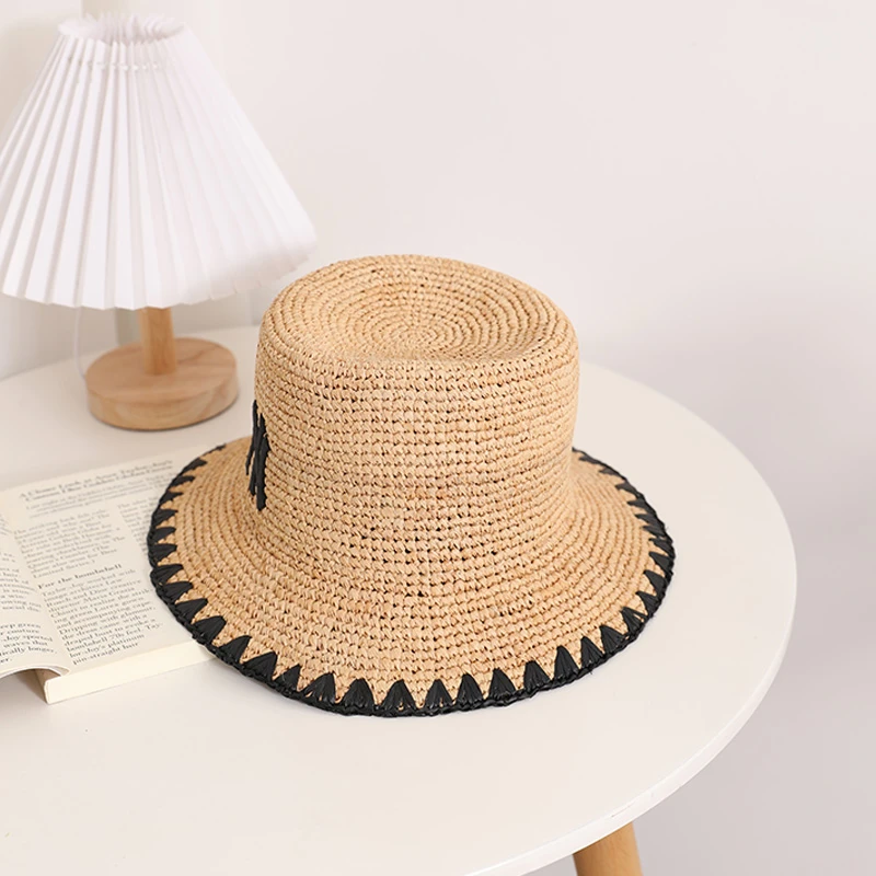 新款时尚渔夫帽女ihs手工编织拉菲草草帽百搭礼帽遮阳帽帽子夏季