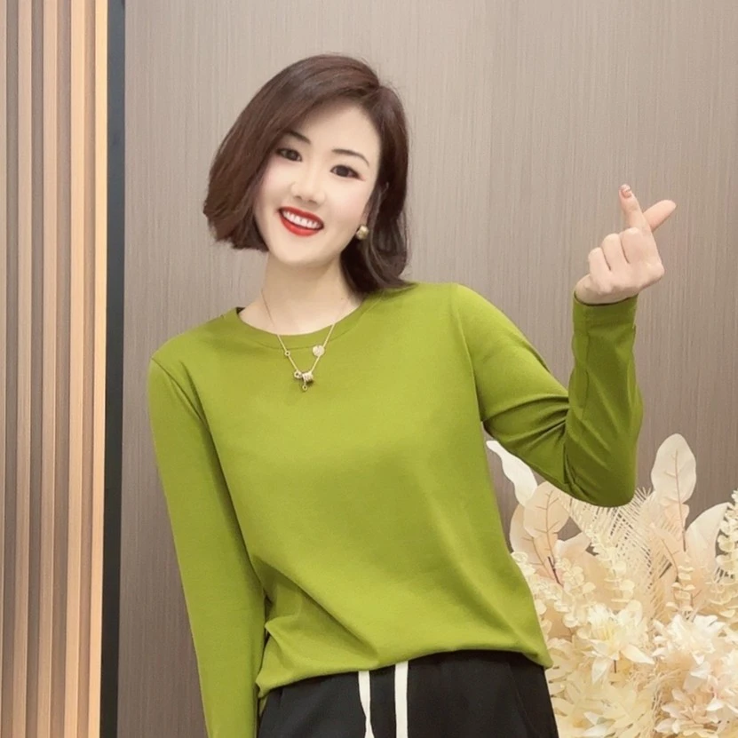 愔衣韵&纯色百搭圆领长袖T恤 宽松显瘦简约百搭单穿内搭通用