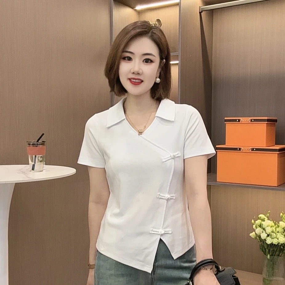 愔衣韵&翻领小V领斜门襟不规则开叉中式盘扣国风T恤短袖