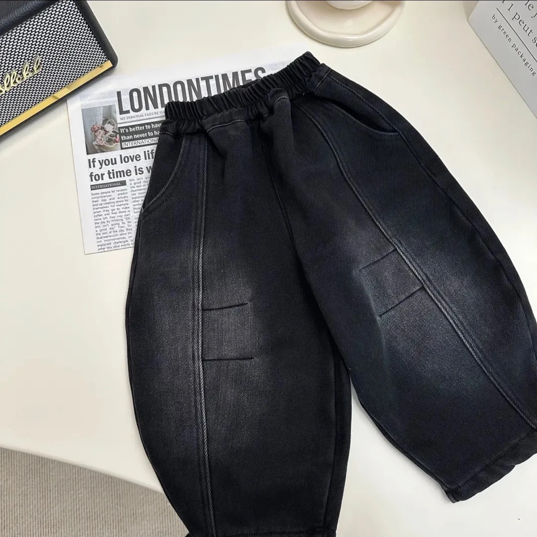 2024冬季新款男女童一体绒裤子儿童黑色牛仔裤加厚裤