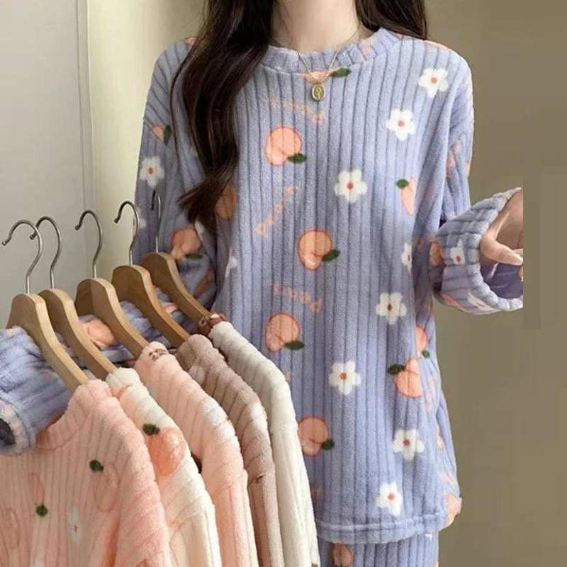 【秋冬春季】冬季珊瑚绒睡衣女保暖内衣家居服印花宝宝装加绒秋冬季