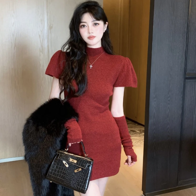气质小个子网红包臀修身时尚针织连衣裙洋气带袖套约会新年裙子