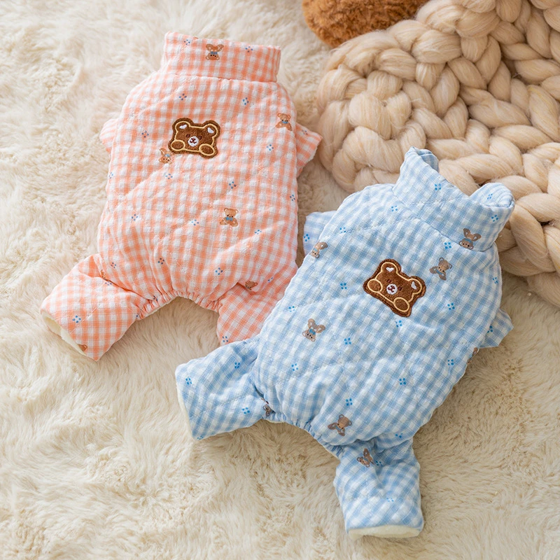 秋冬季狗狗可爱韩版卡通棋盘格小熊满印四脚棉衣猫咪泰迪宠物衣服