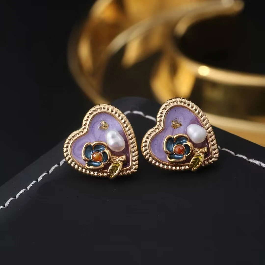铜合金耳饰 《货号8216》 油画紫色桃心耳钉