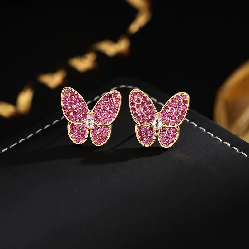 铜合金耳饰 《货号6760》精致轻奢满镶红色蝴蝶耳钉
