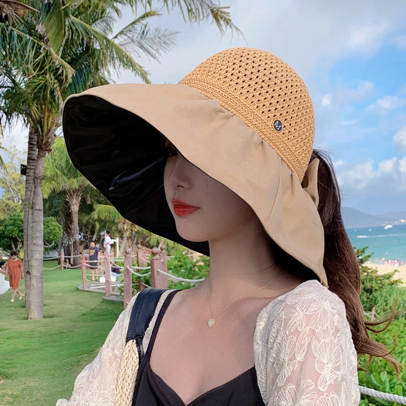 遮阳帽子女夏防紫外线遮脸防晒帽空顶大檐可折叠扎马尾沙滩太阳帽