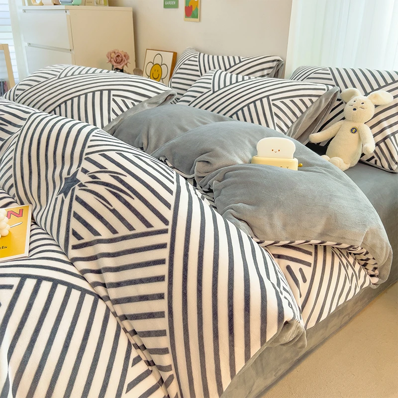 简约加厚牛奶绒床上四件套冬季珊瑚绒被套罩宿舍床单四件套床笠罩